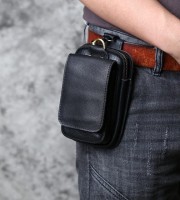 Genuine Leather Men's Waist Bag Top Layer Cowhide Fashion Hook Bag Leisure Belt Bag Cigarette Box 6.5-inch Mobile Phone Bag Black